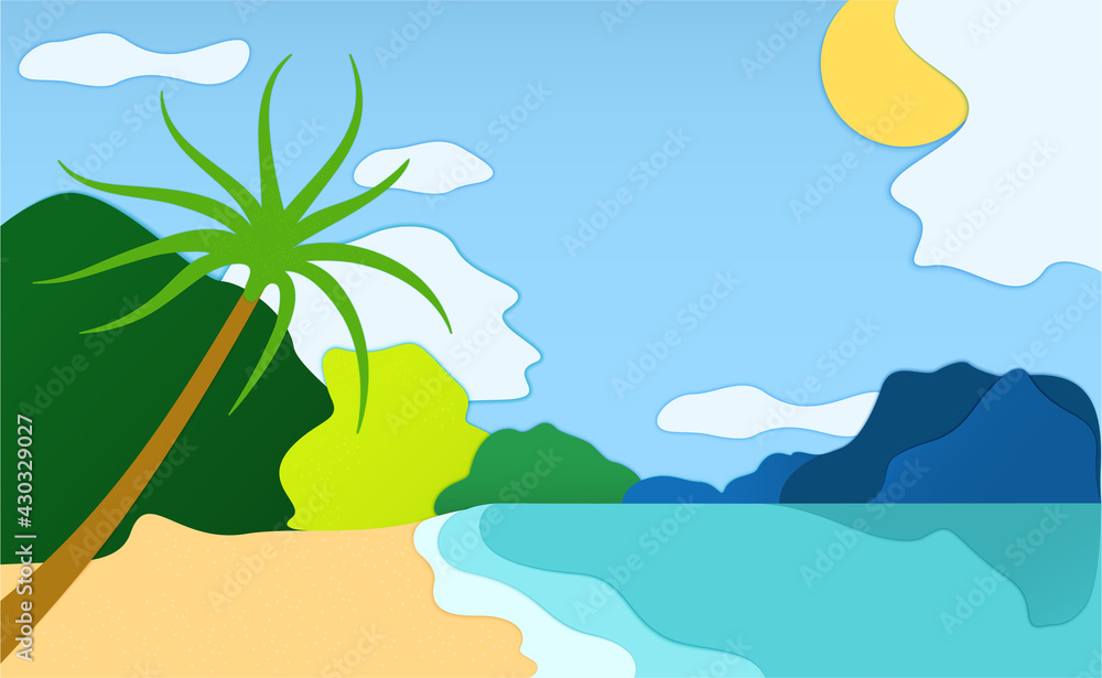 Seascape. Sea view with palm tree and sun. Paper cut background.