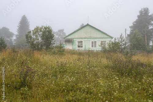 View of the old wooden house in the village. Summer rural landscape. Morning fog. Thickets of grass and wild flowers near the house. Everyday life in the countryside. Vologda region, Russia. © Andrei Stepanov