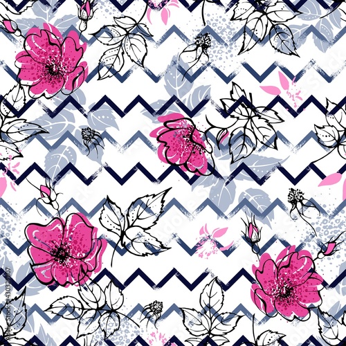 Seamless pattern with rosehip flowers and leaves. Zigzags in the background. Colorful vector illustration.