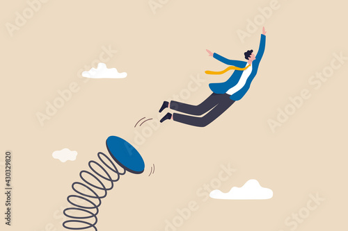 Boost up business growth, improvement, career path or job promote to higher position concept, confidence businessman leader jumping springboard up high in the sky.
