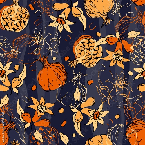 Seamless pattern with pomegranate flowers and fruits. Colorful vector illustration.