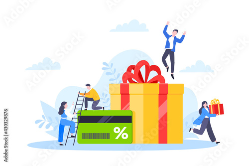 Get loyalty card and customer service business concept flat design vector illustration. Earn loyalty program points and get online reward and gifts. Tiny people with big card and gift box.