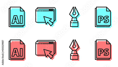 Set line Fountain pen nib, AI file document, Web design and development and PS File document icon. Vector