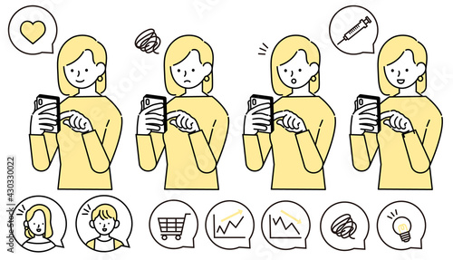 スマホで買い物やワクチンの予約をする私服の女性のイラスト