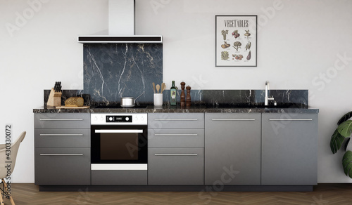 vue 3d cuisine noire avec crédence marbre noir