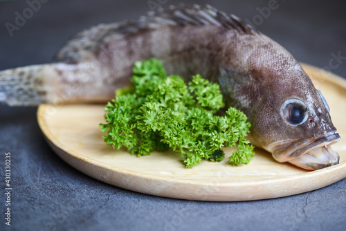 Grouper fish on wooden plate, Fresh raw seafood fish for cooked food