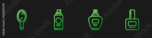 Set line Perfume, Hand mirror, Spray can for hairspray and Nail polish bottle. Gradient color icons. Vector