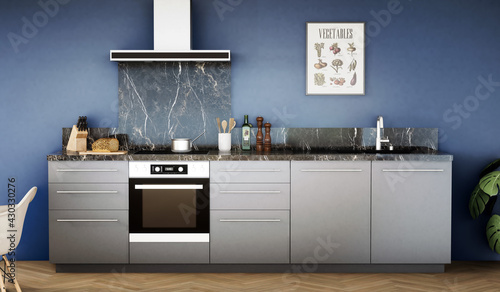 Vászonkép vue 3d cuisine noire avec crédence marbre noir et mur bleu