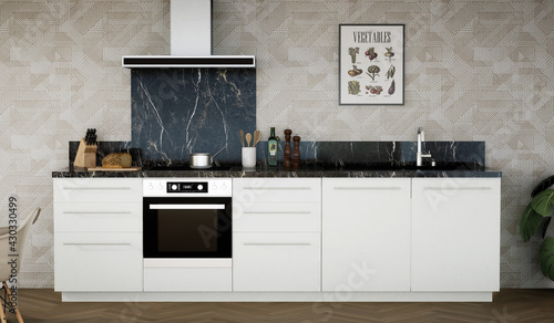 vue 3d cuisine blanche avec crédence marbre noir