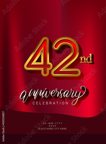 42nd Anniversary Invitation and Greeting Card Design  Golden and Silver Colored  Elegant Design  Isolated on Red Background. Vector illustration.