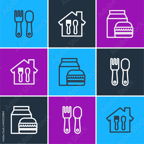 Set line Fork and spoon, Online ordering burger delivery and icon. Vector