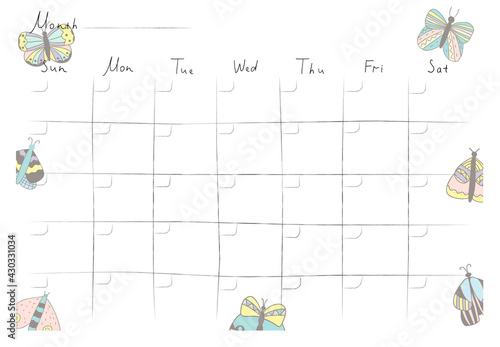 Printable A4 paper sheet with monthly planner blank to fill on background with hand drawn flowers. Minimalist planner for bullet journal page, habit tracker, daily planner template, blank for notebook