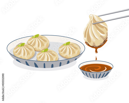 Xiao long bao, steamed dumplings bun with sauce. A plate of dumplings and chopsticks holding a steamed dumplings dipping sauce. Authentic vector asian food illustration on white background. 