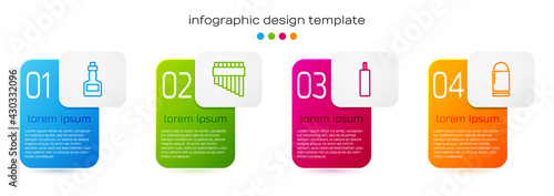 Set line Tabasco sauce, Pan flute, Dynamite bomb and Bullet. Business infographic template. Vector