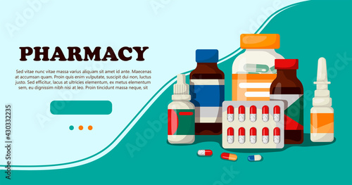 Medicine, pharmacy, hospital set of medicines with labels. Banner for a website with medical items. Vector illustration in cartoon style.