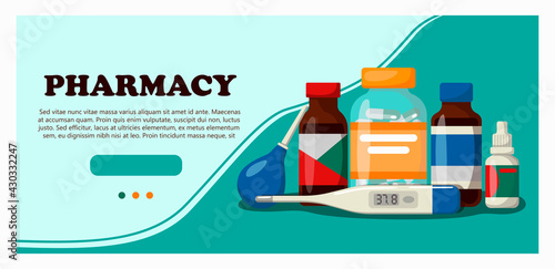 Medicine, pharmacy, hospital set of medicines with labels. Banner for a website with medical items. Vector illustration in cartoon style.