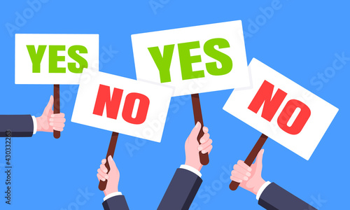 Hands hold yes and no words banners plate business concept flat style design vector illustration. Demonstration placard banner or test choice voting dispute.
