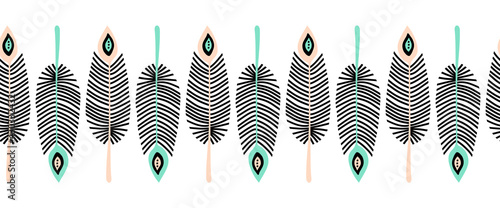 Feathers seamless vector border. Repeating horizontal pattern hand drawn feather line art Boho illustration black pink teal. Monochrome surface pattern design for banner, fabric trim, footer, divider.