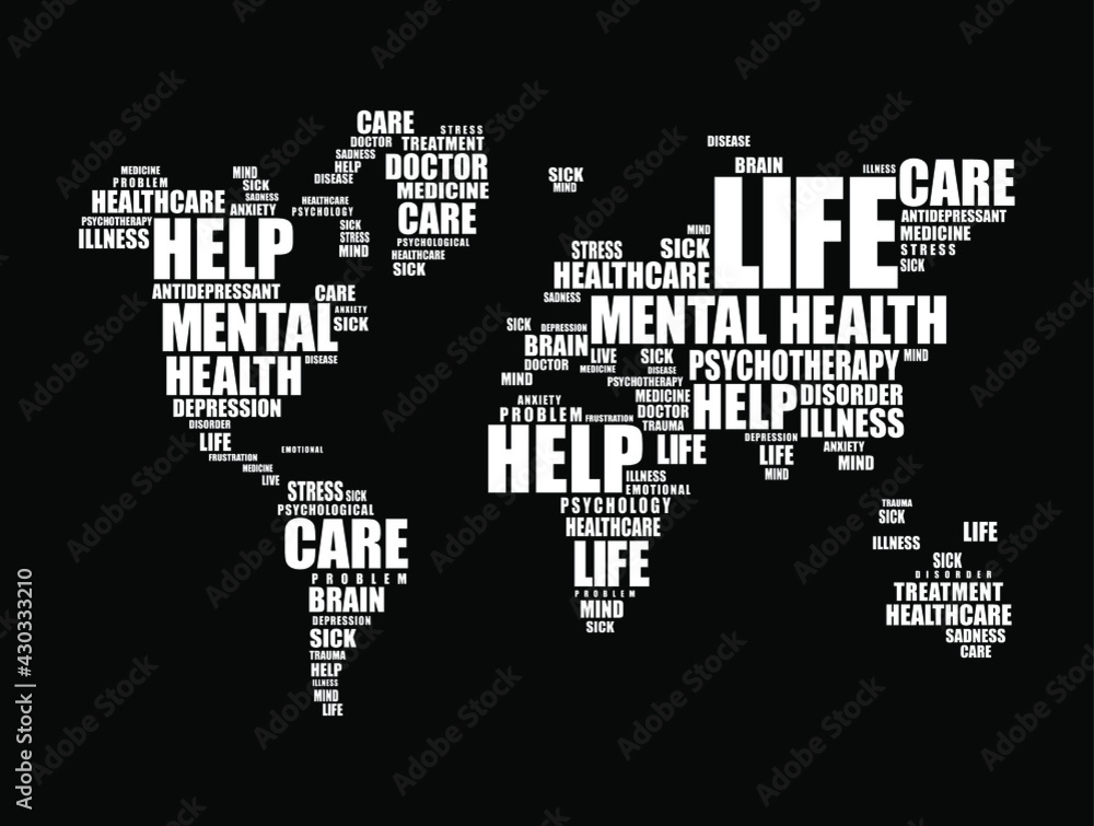 Mental health word cloud in shape of world map, social concept background