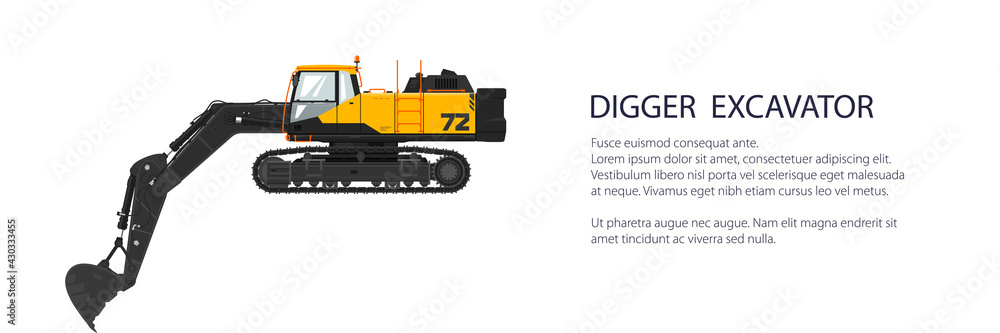 Fototapeta premium Digger hydraulic excavator with dipper , construction equipment banner, vector illustration