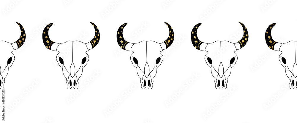 Bull skull seamless vector pattern. Cow skull repeating horizontal ...