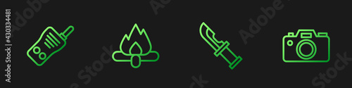 Set line Hunter knife, Walkie talkie, Campfire and Photo camera. Gradient color icons. Vector