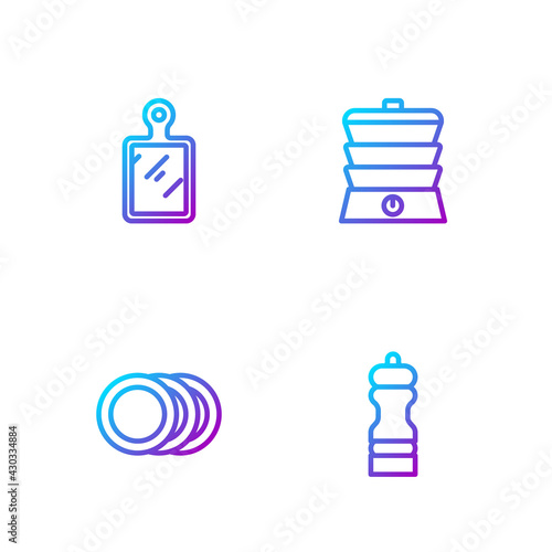 Set line Pepper, Plate, Cutting board and Slow cooker. Gradient color icons. Vector