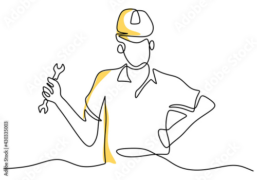 One continuous single line drawing of young man mechanic wearing hard hat and holding wrench set. Professional work job occupation minimalist concept. Happy Labour Day. Vector illustration