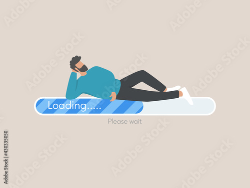 File uploading concept, young man character waiting web loading leaning on a progress bar