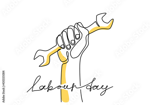 One continuous line drawing of the master's hand holds a wrench with lettering Labour Day isolated on white background. 1st may celebration. Auto service concept. Vector illustration