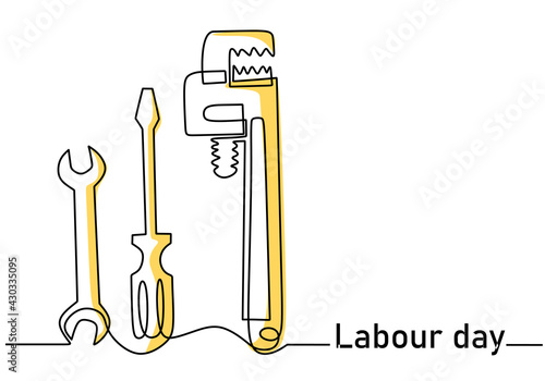 Single continuous line art screwdriver, wrench, spanner with lettering Labour Day. 1st May celebration. Happy Labour Day concept isolated on white background. Vector repair tools sketch illustration