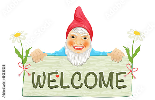 Garten Zwerg mit Welcome Schild,
Vektor Illustration isoliert auf weißem Hintergrund
