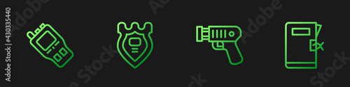 Set line Police electric shocker, Walkie talkie, badge and station folder. Gradient color icons. Vector