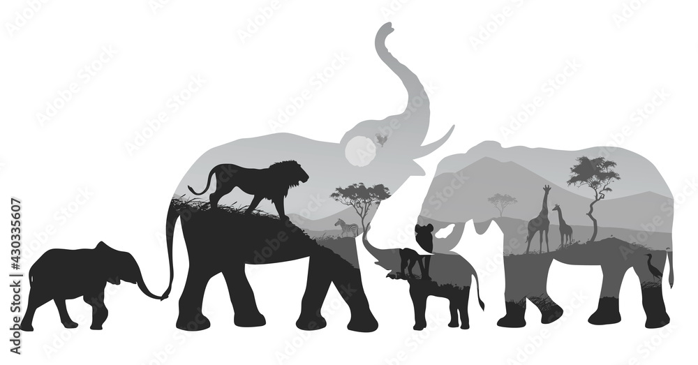 Fototapeta premium Family of elephants. Inside the landscape of the savannah with wild animals. Isolated object, vector illustration 