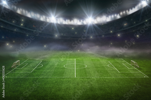 textured soccer game field with neon fog - center, midfield. 3D-Illustration photo