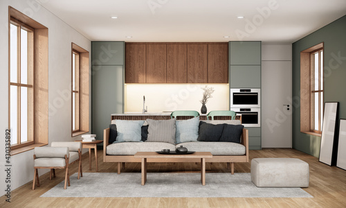 Japandi style room interior design with wooden furniture. 3d rendering background © CREATIVE WONDER