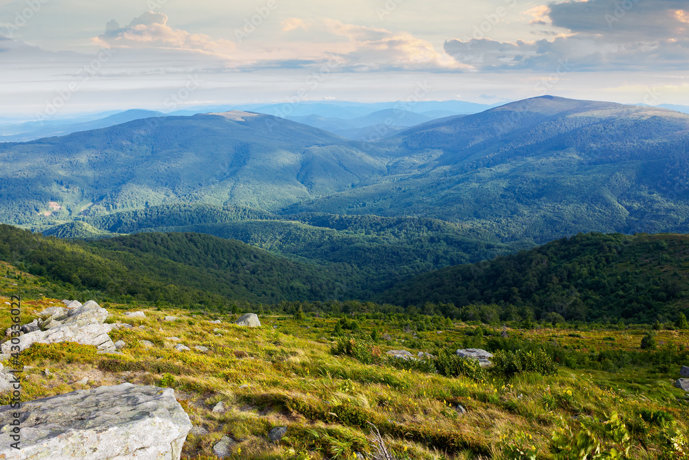 Fototapeta premium landscape of carpathian mountains. stones on the hill. view in to the distant valley. clouds on the sky in morning light. wonderful travel destination