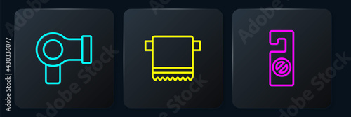 Set line Hair dryer, Please do not disturb and Towel on hanger. Black square button. Vector