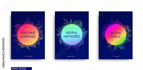 Creative futuristic covers. Digital technology. Creative label from chaotic spreading structure of thin lines. Vector template