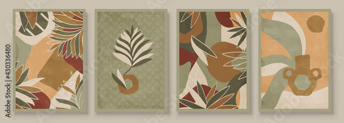 Green Abstract Botanical Organic Art Illustration. Set of soft color painting wall art for house decoration. Minimalistic canvas background design. Vector wall art plants in boho style.