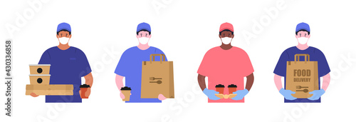 Delivery man. Fast and safe food delivery. Take away food. Vector