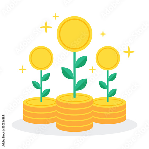 Money trees grow on the pile of coins. The creative financial concept idea of investment opportunities or making money. Simple trendy cute vector illustration. Modern abstract flat style graphic. 