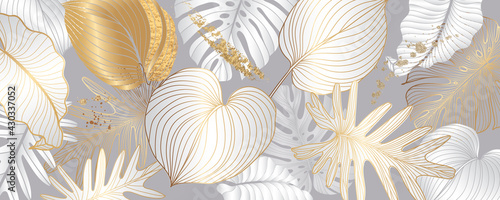 Luxury black and white background vector with golden metallic decorate wall art in tropical summer vibe