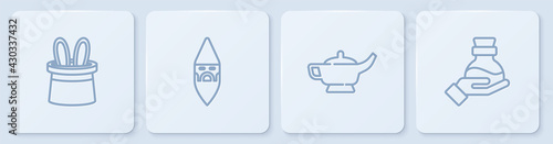 Set line Magician hat and rabbit ears, lamp or Aladdin, Wizard warlock and Bottle with potion. White square button. Vector