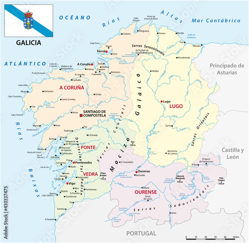 administrative vector map of the Spanish autonomous communities of galicia with flag