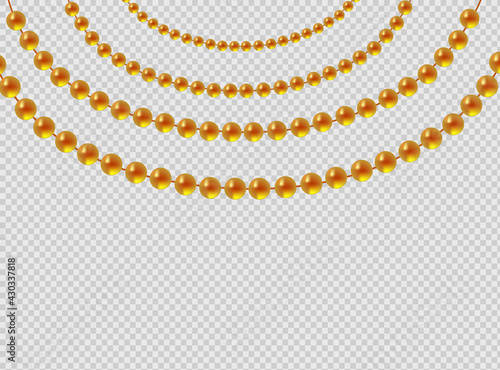 Gold beads on a white background. A beautiful chain of yellow color. Net beads are realistic. Decorative element from golden ball design