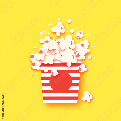 Paper striped bucket. Cup with tasty popcorn paper cut style. Yellow Background. Space for text.