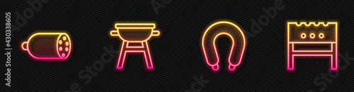 Set line Sausage, Salami sausage, Barbecue grill and BBQ brazier. Glowing neon icon. Vector