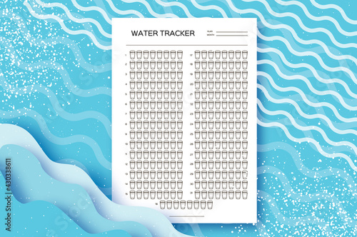 Water Tracker. Water Balance Calendar. Water Monthly Tracker. 31 days. Hydration Challenge. Blue background.