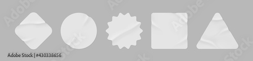 White stickers mockup. Blank labels of different shapes, circle wrinkled paper emblems. Copy space. Stickers or patches for preview tags, labels. Vector illustration